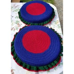 Beautifully hand made crocheted throw pillows red & blue with green trim 2 count